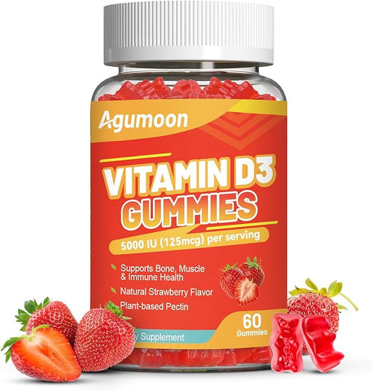 Vitamin D3 5000 IU 125mcg Gummies - Vitamin D Gummies for Adults, Support Immune, Bone, Muscle Health - Non-GMO, Gluten-Free, Dairy-Free, No Gelatin, 60 Count, Strawberry Flavor