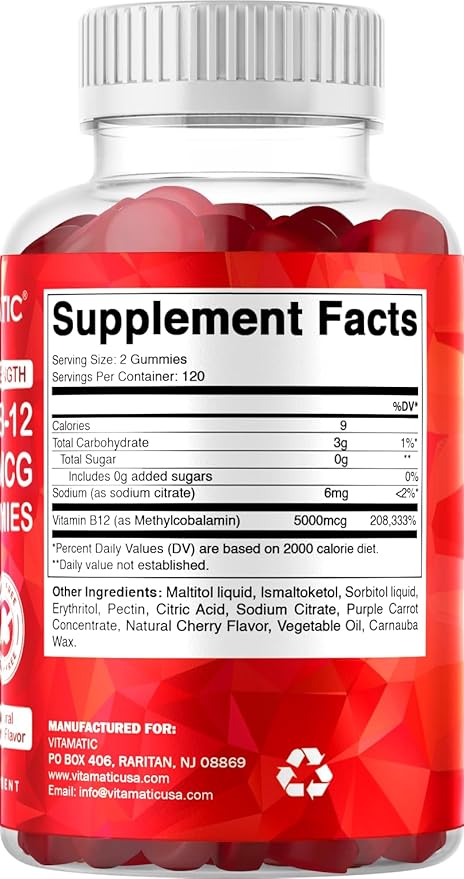 Vitamatic Extra Strength Vitamin B12 5000 mcg (Methyl B12) Gummies - 240 Count, Natural Cherry Flavored