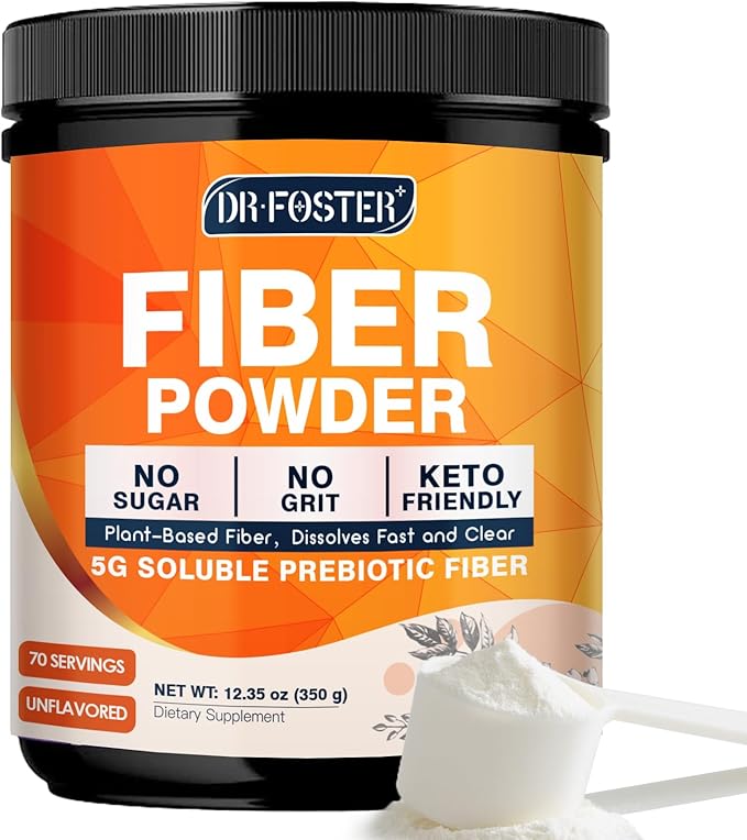 DRFOSTER Prebiotic Fiber Powder Unflavored - Soluble Fiber Supplement with Acacia Fiber & Inulin Powder for Digestive Health and Regularity | 5g Per Scoop, 70 Servings | Gluten & Sugar Free, Vegan