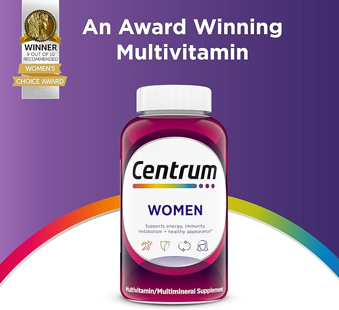 Centrum Multivitamin for Women, Multivitamin/Multimineral Supplement with Iron, Vitamin D3, B Vitamins and Antioxidant Vitamins C and E, Gluten Free, Non-GMO Ingredients - 250 Count