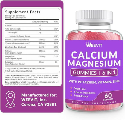 Sugar Free Calcium Gummies w/Vitamin D3 K2, Calcium Magnesium Zinc Gummies for Bone, Muscle & Immune, Algae CA Magnesium 2:1 Ratio Calcium Supplement for Women & Men - Vegan