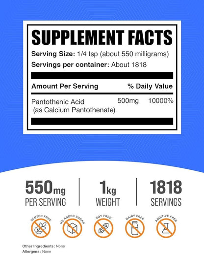 BulkSupplements.com Vitamin B5 Powder - as Calcium Pantothenate, B5 Vitamins - Gluten Free, 500mg of Vitamin B5 Pantothenic Acid per Serving, 1kg (2.2 lbs) (Pack of 1)