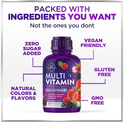 Multivitamin for Women, Men & Kids - Sugar Free & Vegan, Multi Vitamin Liquid & Multimineral, Vitamins A, C, D3, E, B6, B12 & Zinc, Women's Multivitamin & Immune Support, Berry Flavor - 15 Fl Oz