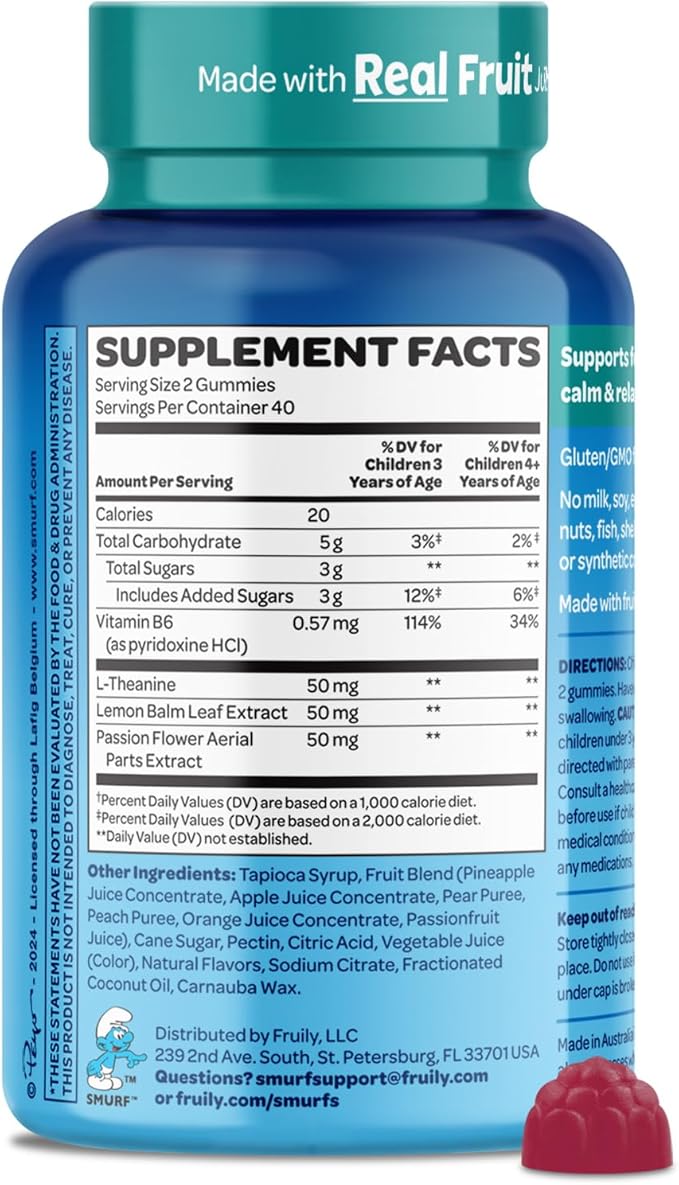 Smurfs Kids Calm Gummies | Calming Gummies for Kids with Lemon Balm & L Theanine | Made with Real Fruit | Doctor Developed | Gelatin Free Non-GMO No Artificial Flavors or Colors | 40 Servings
