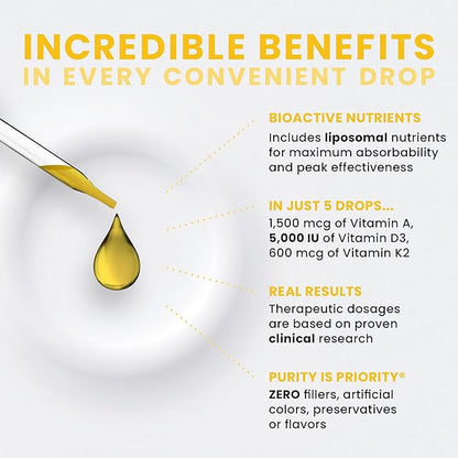 Pure Therapro Rx Vegan A-D-K Drops 10 Ml, Made in USA | 3 Month Supply | Vitamin A (Palmitate), Liposomal Vitamin D3 (Pureshine), Liposomal Vitamin K2 (MK-4 & MK-7) Supports Immunity & Bone Health