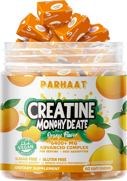 Creatine Monohydrate Chews Complex 6400mg for Men & Women -Advanced Formula W/L-Taurine + Vitamin B12, Sugar Free Chewable Supplement,60 Orange Softchews