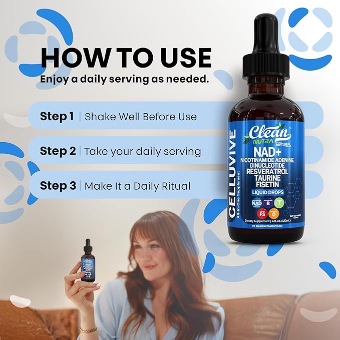 Clean Nutra NAD Liquid Supplement Drops Resveratrol Polyphenols Liposomal Taurine Fisetin Grape Seed Extract Japanese Knotweed Fo Ti Anti Aging NAD+ Nicotinamide Adenine Dinucleotide for Women & Men