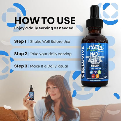 Clean Nutra NAD Liquid Supplement Drops Resveratrol Polyphenols Liposomal Taurine Fisetin Grape Seed Extract Japanese Knotweed Fo Ti Anti Aging NAD+ Nicotinamide Adenine Dinucleotide for Women & Men