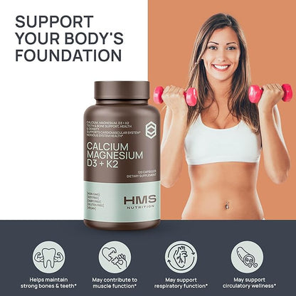 Calcium, Magnesium, Vitamins D3 + K2 for Bone Health, Immune Support, Bones & Teeth Calcium Supplement for Women & Men, Non-GMO, Gluten-Free, 120 Capsules
