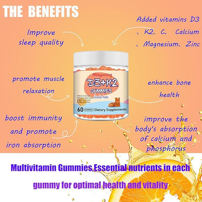 Vitamin D3 K2 Sugar-Free Gummies,Vitamin D3 10000 IU with K2 200mcg,VitaminC,Calcium,Magnesium,Zinc,Support for Bones,Joints,Muscles,Nerves,and Immune System (60, Orange)