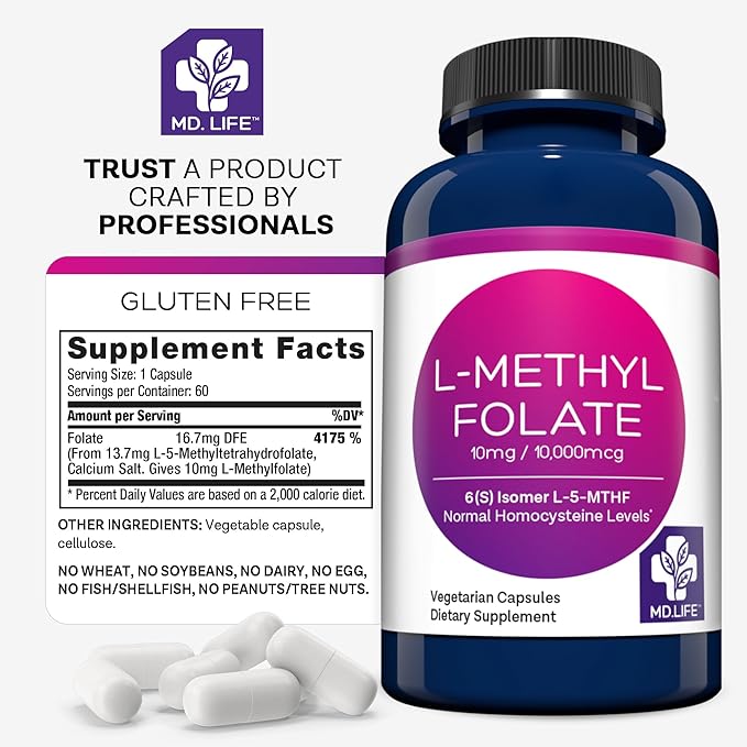 MD Life L-Methylfolate 10 mg Supplement - Professional-Grade Active L Methylfolate Supplement - 60 Capsules - L-Methylfolate 10mg - Maximum Potency MTHFR W/ Essential Amino Acids