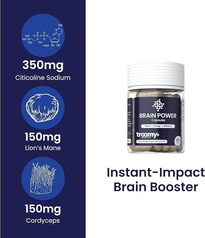 Troomy Brain Power - Focus and Memory Supplement for Brain | Citicoline, Lion's Mane, Cordyceps | Enhance Brain Function and Memory | - 60 Capsules