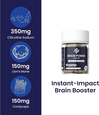 Troomy Brain Power - Focus and Memory Supplement for Brain | Citicoline, Lion's Mane, Cordyceps | Enhance Brain Function and Memory | - 60 Capsules