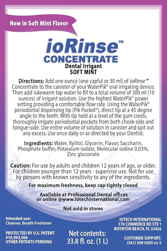 ioRinse Concentrated Irrigant with Active Molecular Iodine, Alcohol-Free Dental Irrigant, use with Water Flossers, and All Other Oral Irrigation Devices - Soft Mint