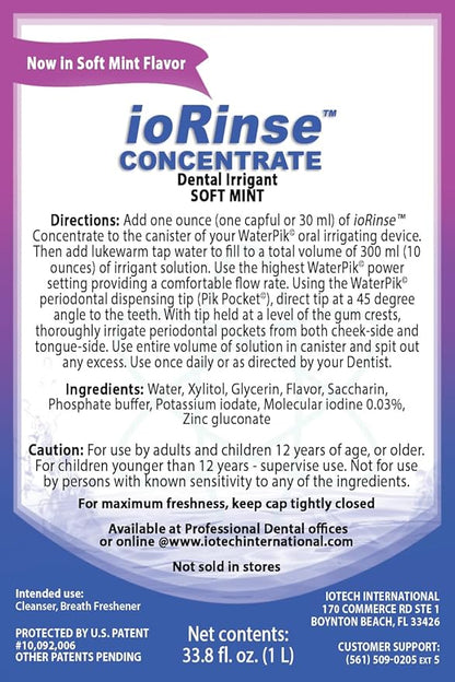 ioRinse Concentrated Irrigant with Active Molecular Iodine, Alcohol-Free Dental Irrigant, use with Water Flossers, and All Other Oral Irrigation Devices - Soft Mint