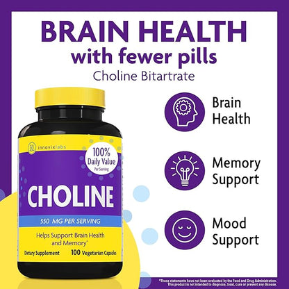 InnovixLabs Choline Supplement 550mg Pure Choline Bitartrate for Brain Health, Focus, Memory, Cognitive Development, Fatty Liver and Mood Support for Women and Men, 100 Capsules
