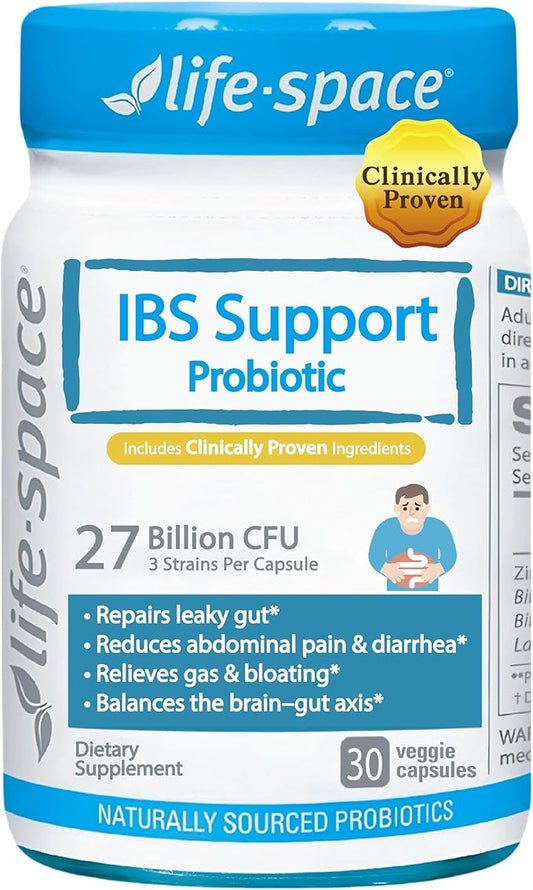 Life-Space IBS Support Probiotic, Clinically Poven to IBS Relief, 4 in 1 Probiotics for Women and Men, 27 Billion CFU, Supports Reduce Symptoms of IBS, Include Bloating, Gas & Diarrhea, 30 ct