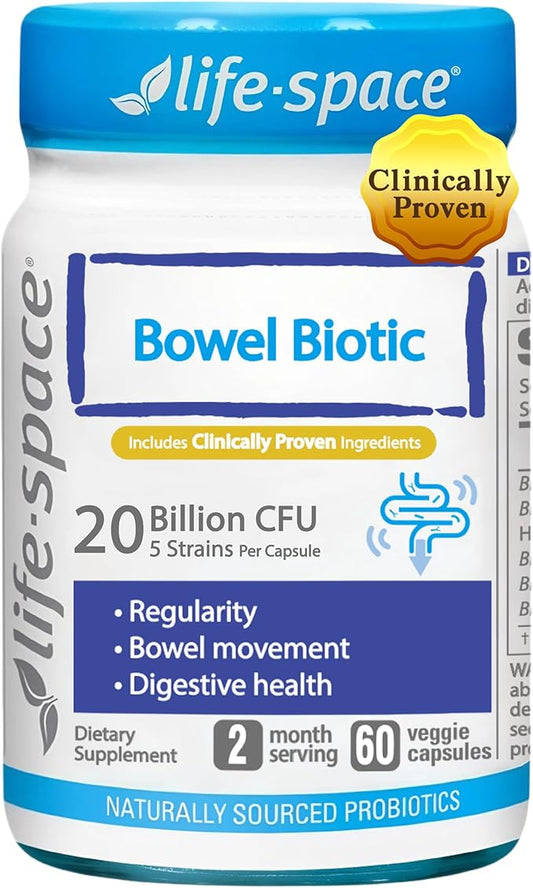 Life-Space 2-Month Serving Bowel Biotic Probiotics for Regularity, 20 Billion CFU & 5 Strains, Support Bowel Movement & Digestive Health, Probiotics for Women and Men, 60 Vegetarian Capsules