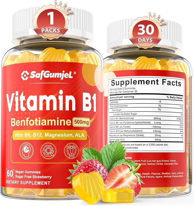 Vitamin B1 Gummies - Benfotiamine 500mg, Vitamin B1 B6 B12 Complex, Sugar Free, Non GMO, Vegan, 60 Counts