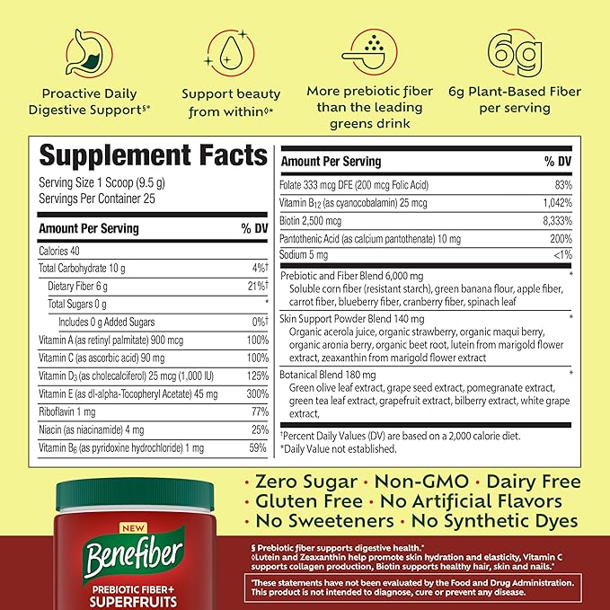 Benefiber Prebiotic Fiber + Superfruits Dietary Supplement, Strawberry Dragon Fruit Flavor, 8.8 oz (250g), 25 Day Supply