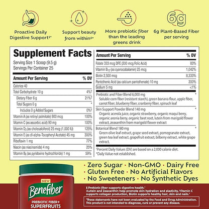 Benefiber Prebiotic Fiber + Superfruits Dietary Supplement, Strawberry Dragon Fruit Flavor, 8.8 oz (250g), 25 Day Supply