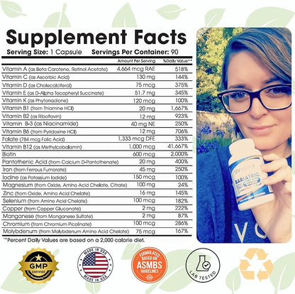 Shiny Leaf Bariatric Multivitamin with Iron - 45 mg for Gastric Bypass, Sleeve Gastrectomy, Roux-en-Y, Duodenal Switch - 22 Vitamins & Minerals, ASMBS Compliant, Vegetarian, Made in USA, GMP, 90 Ct.