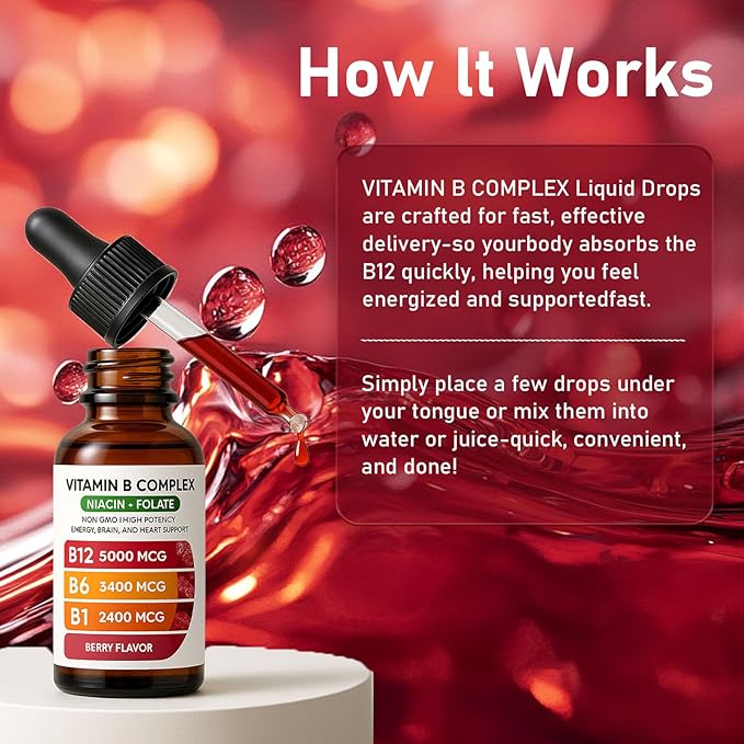 Vitamin B12 Complex with B1, B6, Vitamin B12 Raspberry Liquid Supplement, Essential Vitamin 5-in-1 Vitamin B Complex Liquid Drops, Brain Function, Focus, and Natural Energy Support (2PCS)