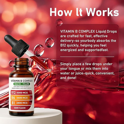Vitamin B12 Complex with B1, B6, Vitamin B12 Raspberry Liquid Supplement, Essential Vitamin 5-in-1 Vitamin B Complex Liquid Drops, Brain Function, Focus, and Natural Energy Support (2PCS)