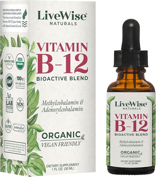 LiveWise Naturals Liquid Vitamin B12 Drops Organic Supplement with Adenosylcobalamin & Methylcobalamin – Easy to Absorb, Gluten-Free, Dairy-Free, for Energy & Wellness, Sublingual Formula -1 Fl Oz