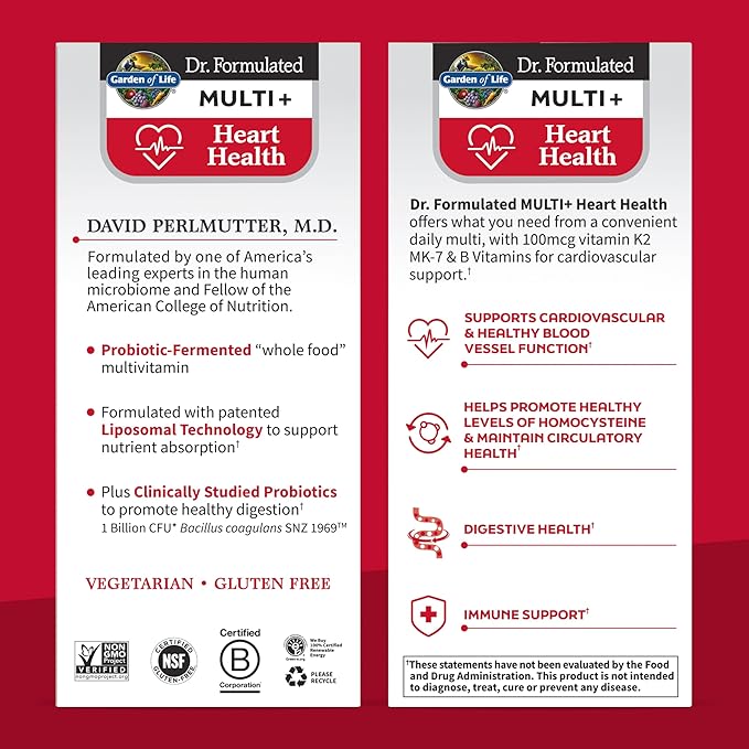 Garden of Life Dr. Formulated Multi+ Heart Health - Fermented Liposomal Multivitamin + Vitamin K2 MK-7, B Vitamins & Probiotics - One a Day for Cardiovascular & Blood Vessel Function, 30 Capsules