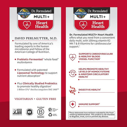 Garden of Life Dr. Formulated Multi+ Heart Health - Fermented Liposomal Multivitamin + Vitamin K2 MK-7, B Vitamins & Probiotics - One a Day for Cardiovascular & Blood Vessel Function, 30 Capsules