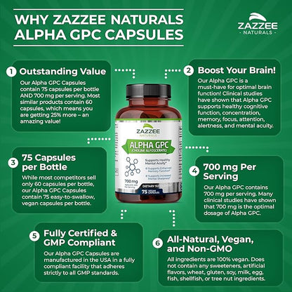 Zazzee Extra Strength Alpha GPC Choline, 700 mg per Serving, 75 Vegan Capsules, 100% Pure Pharmaceutical Grade, 100% Vegetarian, Standardized for Potency and Purity, All-Natural and Non-GMO