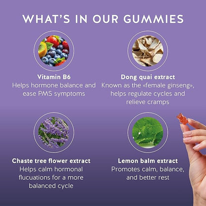 PMS Support Supplement for Women. Menstrual Relief Gummies to Target Hormonal Breakouts, Bloating, Period Cramps, & Mood Swings. Vegan, with Vitamin B6 & Lemon Balm, 30 Gummies