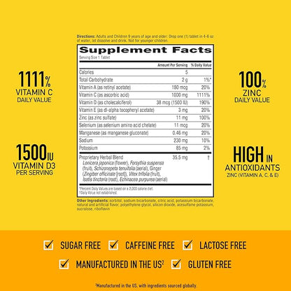 Airborne 1000mg Vitamin C with Vitamin D & Zinc, Sugar Free Multivitamin Immune Support Supplement, Antioxidants Vitamins A C & Vitamin E, 10 Effervescent Tablets, Zesty Orange Flavor