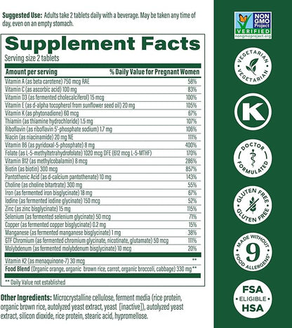 MegaFood Baby & Me 2 Prenatal Multi Vitamins - Prenatal Vitamins for Women with Choline, Methyl Folate & Iron, Vegetarian, Gluten-Free, Pre Natal Multivitamin for Women - 120 Tablets, 60 Servings