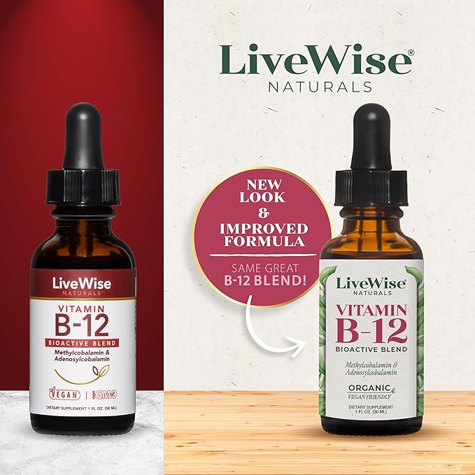 LiveWise Naturals Liquid Vitamin B12 Drops Organic Supplement with Adenosylcobalamin & Methylcobalamin – Easy to Absorb, Gluten-Free, Dairy-Free, for Energy & Wellness, Sublingual Formula -1 Fl Oz