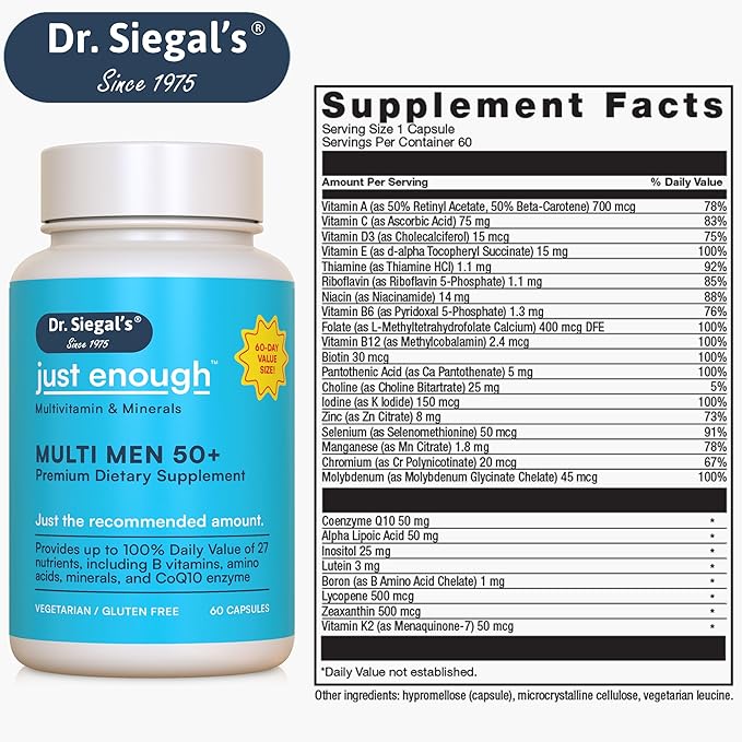 Dr. Siegal's Just Enough Multivitamins for Men 50 Plus - 60 Capsules - 60 Servings of Mens Multivitamins 50 Plus Capsules - Men's Daily Supplements for Men - Multivitamins for Men Over 50