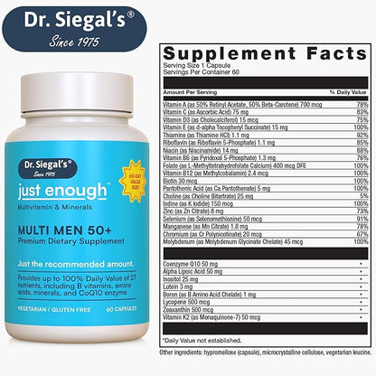 Dr. Siegal's Just Enough Multivitamins for Men 50 Plus - 60 Capsules - 60 Servings of Mens Multivitamins 50 Plus Capsules - Men's Daily Supplements for Men - Multivitamins for Men Over 50