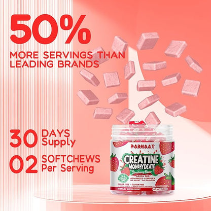 Creatine Monohydrate Chews Complex 6400mg for Men & Women -Advanced Formula W/L-Taurine + Vitamin B12, Sugar Free Chewable Supplement,60 Strawberry Softchews