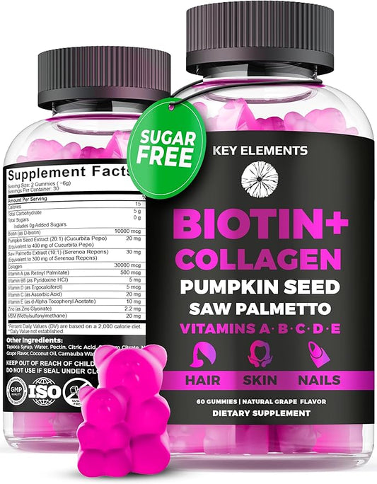 Hair Skin and Nails 10000mcg Gummies & Collagen Gummies - Biotin Vitamins Gummies for Hair Growth Pumpkin Seed Oil, Saw Palmetto Extract & Vitamins A B6 C D E - Biotin and Collagen Supplements
