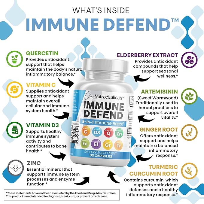 Clean Nutraceuticals Immune Defense Support Supplement 8 in 1 with Zinc 50mg Quercetin, VIT C 1000mg, Vitamin D3 5000 IU, Elderberry, Ginger - Immunity System Booster for Adults, Vegan - 60 Count