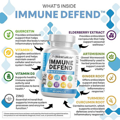 Clean Nutraceuticals Immune Defense Support Supplement 8 in 1 with Zinc 50mg Quercetin, VIT C 1000mg, Vitamin D3 5000 IU, Elderberry, Ginger - Immunity System Booster for Adults, Vegan - 60 Count