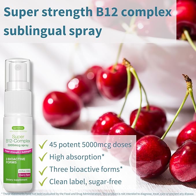 Igennus Triple Vitamin B12 Complex 5000mcg, Liquid Sublingual Spray, 45 Servings, Methylated Methylcobalamin, Adenosylcobalamin & Hydroxocobalamin, High Strength & Clean, Natural Cherry Flavor, Vegan