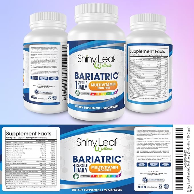 Shiny Leaf Bariatric Multivitamin Without Iron - Vitamins for Gastric Bypass & Sleeve, 1 Daily Capsule W Vitamin A, C, D, Biotin, Zinc, B12, K, Vegetarian, Soy-Free, GMP Cert., Made in USA (360 Ct.)