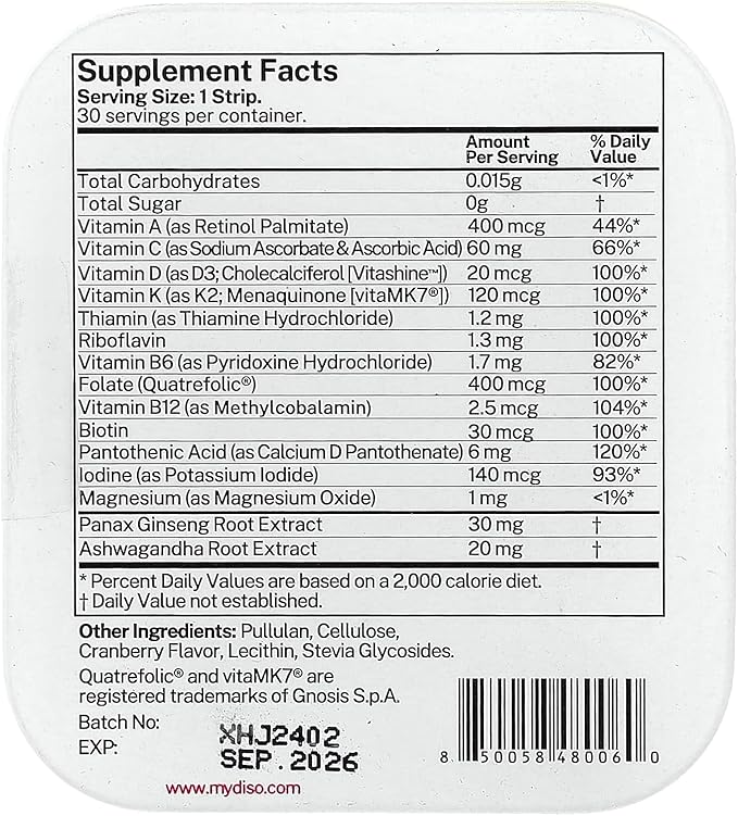 DISO - M-VIT - Fast-Dissolving Multivitamin Oral Strips, Cranberry Flavor, Vegan, Sugar Free, Gluten Free, Individually Wrapped, 30 Dissolvable Strips