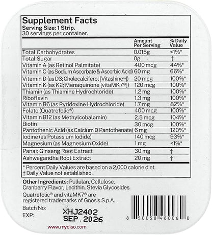 DISO - M-VIT - Fast-Dissolving Multivitamin Oral Strips, Cranberry Flavor, Vegan, Sugar Free, Gluten Free, Individually Wrapped, 30 Dissolvable Strips