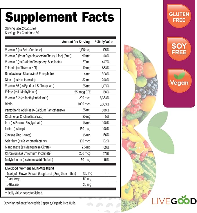 LIVEGOOD™ Women's Bio-Active Complete Multivitamin with Iron, Vitamin A, B12, C, E, Lycopene, Vegan, 60 Capsules