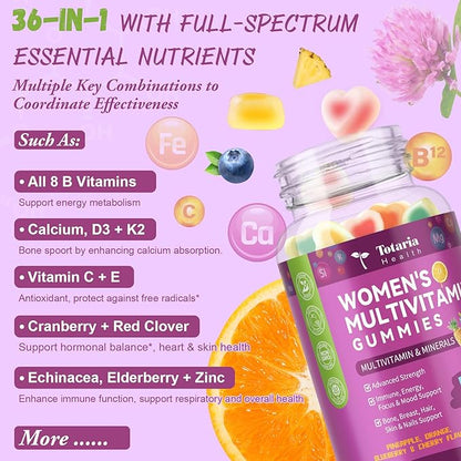 Sugar Free Womens Multivitamin Gummies with Iron, Women's Multivitamin w/Vitamins C, D3 K2, B12, B6, Filled Gummies for Daily Nutritional Support| Immune Support| Skin Health, Mixed Flavors, 60 Cts