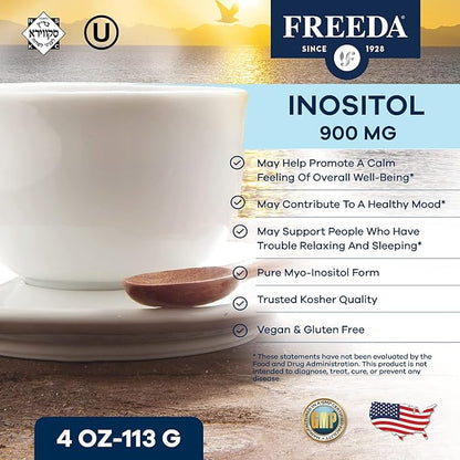 FREEDA Pure Myo-Inositol Powder – Vitamin B8 for Hormone Balance, Fertility & Mood Support – PCOS & Ovarian Health Supplement – Vegan, Kosher, Gluten-Free, Unflavored, Made in USA – 4 oz
