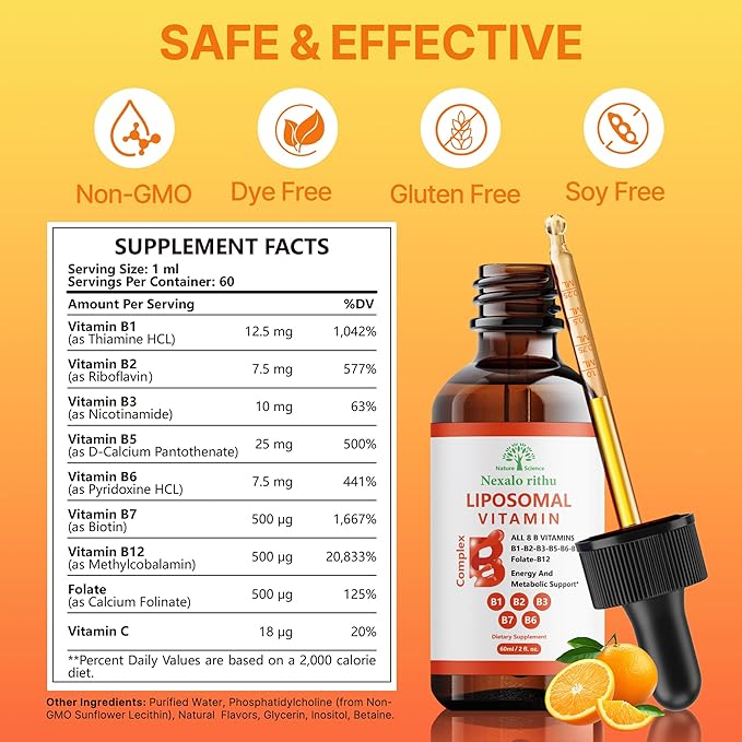 Liposomal Vitamin B Complex,Vitamin B Complex Liquid,B Complex Liquid Drops for Women Men-Improved Absorption,Methylated B12,B1,B2,B3,B5,B6,Folate (B9),Biotin (B7) for Energy and Immune Support-2.0 oz